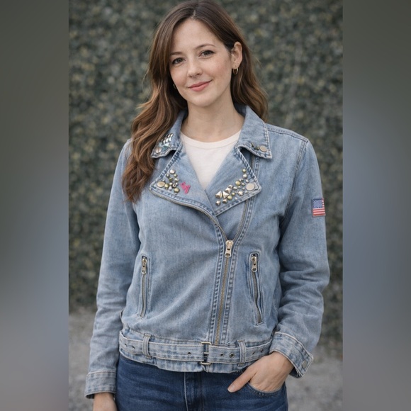 Customized Forever 21 Light Blue Studded Jean Jacket with Patches - Picture 2 of 11